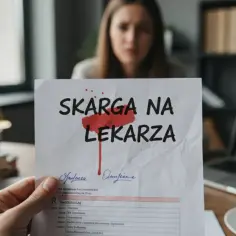 Kobieta z niepokojem patrzy na dokument "Skarga na lekarza", symbolizujący trudną sytuację pacjenta.