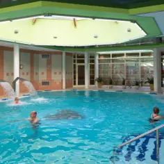 Basen rehabilitacyjny z wodospadami i kąpiącymi się ludźmi.