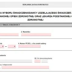 Formularz deklaracji wyboru lekarza rodzinnego. Wypełnij dane osobowe, adresowe i PESEL, aby zmienić lekarza rodzinnego.