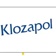 Napis "Klozapol" w kolorze niebieskim, lekko pochylony. Klozapina to lek stosowany w leczeniu schizofrenii.