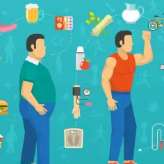 Dwa mężczyźni, jeden z nadwagą, drugi wysportowany, otoczeni symbolami jedzenia i ćwiczeń. Ilustracja pokazuje, jak styl życia wpływa na metabolizm co to jest i jak go poprawić.