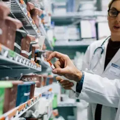 Farmaceuta w białym kitlu trzyma ampułkę. W tle widać półki z lekami, a kobieta w okularach omawia coś z kolegą.