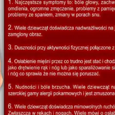Ilustracja przedstawia listę objawów po szczepieniu HPV: bóle głowy, omdlenia, problemy z koncentracją, duszności, osłabienie mięśni, nudności, skurcze.