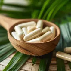 Drewniana łyżka pełna kapsułek, symbolizujących naturalne nutraceutyki, na tle zielonych liści.