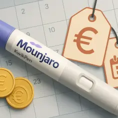 Mounjaro 7.5 mg cena. Długopis z lekiem, monety euro i metki z symbolem euro i kalendarzem na tle siatki kalendarza.
