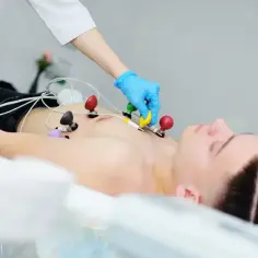 Pacjent leży z elektrodami EKG na klatce piersiowej. Lekarz sprawdza, ile trwa echo serca.