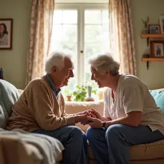 Starsza para trzyma się za ręce, śmiejąc się. Miłość i wsparcie pomagają żyć z chorobą Alzheimera.