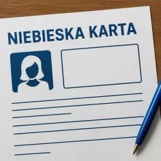 Niebieska karta to dokument z miejscem na zdjęcie i dane. Widoczny jest długopis, gotowy do wypełnienia.