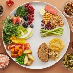 Na talerzu i w miseczkach różnorodne produkty: owoce, warzywa, ryby, orzechy, kasza, makaron, pieczywo. To wszystko to źródła błonnika, który jest ważny dla zdrowia.