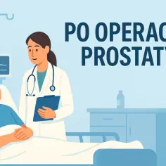 Lekarka rozmawia z pacjentem po operacji prostaty. W tle kroplówka i monitor.