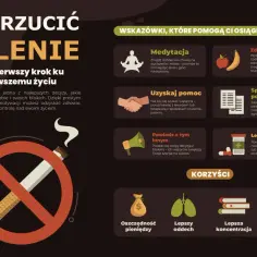 Grafika o rzucaniu palenia. Wskazówki: medytacja, pomoc, zdrowe odżywianie, lista powodów, wsparcie bliskich, leki. Korzyści: oszczędność, lepszy oddech, koncentracja, zdrowsze serce.