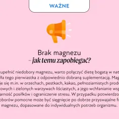 Grafika z hasłem "WAŻNE" i ikoną megafonu. Tekst informuje o tym, jak zapobiegać niedoborom magnezu, sugerując dietę bogatą w naturalne źródła i suplementację.