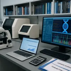 Mikroskop, laptop, komputer z wizualizacją DNA i sprzęt laboratoryjny na biurku.