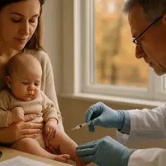 Lekarz podaje szczepionkę Beyfortus niemowlęciu, które trzyma mama.