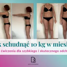 Kobieta pokazuje metamorfozę sylwetki, pytając jak schudnąć 10 kg. Dieta i ćwiczenia kluczem do sukcesu.