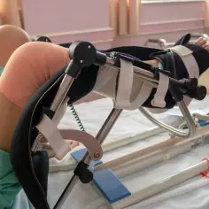 Pacjent po wymianie stawu kolanowego w specjalistycznym urządzeniu rehabilitacyjnym, z bandażem na kolanie.