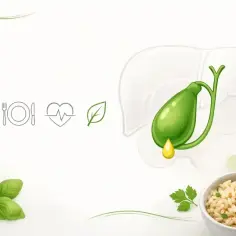 Zdrowa dieta dla woreczka żółciowego: awokado, ryż, zioła i ikony zdrowia.