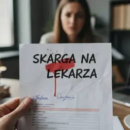 Kobieta z niepokojem patrzy na dokument "Skarga na lekarza", symbolizujący trudną sytuację pacjenta.