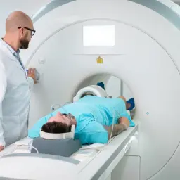 Pacjent leży w aparacie do rezonansu magnetycznego, przygotowując się do tomografii brzucha. Lekarz w białym fartuchu obsługuje panel sterowania.