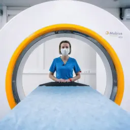 Medyk w maseczce stoi przy aparacie MRCP. Nowoczesny sprzęt medyczny czeka na pacjenta.