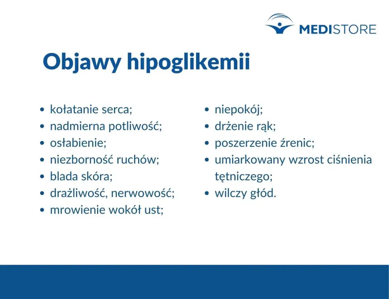 Objawy hipoglikemii: kołatanie serca, potliwość, osłabienie, drżenie rąk, blada skóra, wilczy głód. Nagły spadek cukru objawy mogą być groźne.