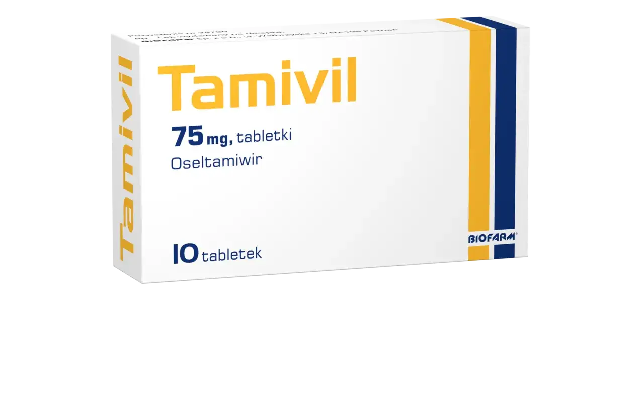 Opakowanie leku Tamivil zawierające 10 tabletek z oseltamiwirem.