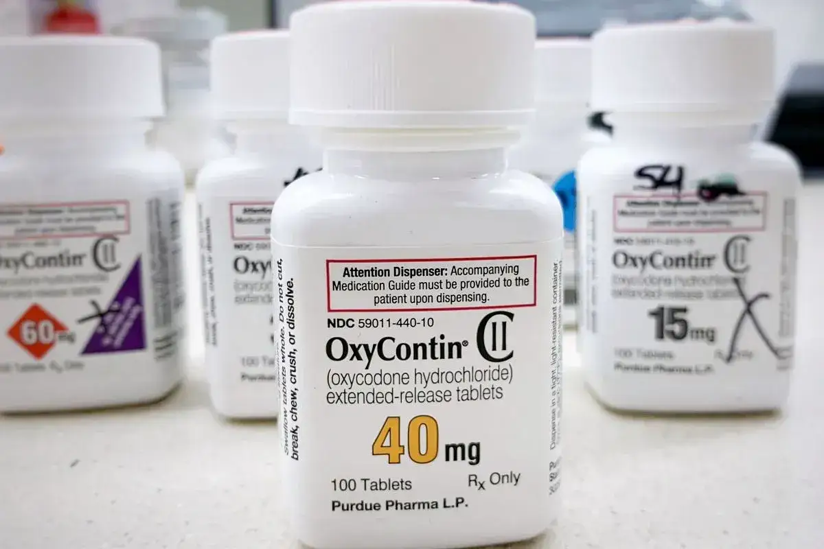 Butelki leku OxyContin, zawierające oxykodon. Na etykietach widoczne dawki 40 mg, 60 mg i 15 mg.