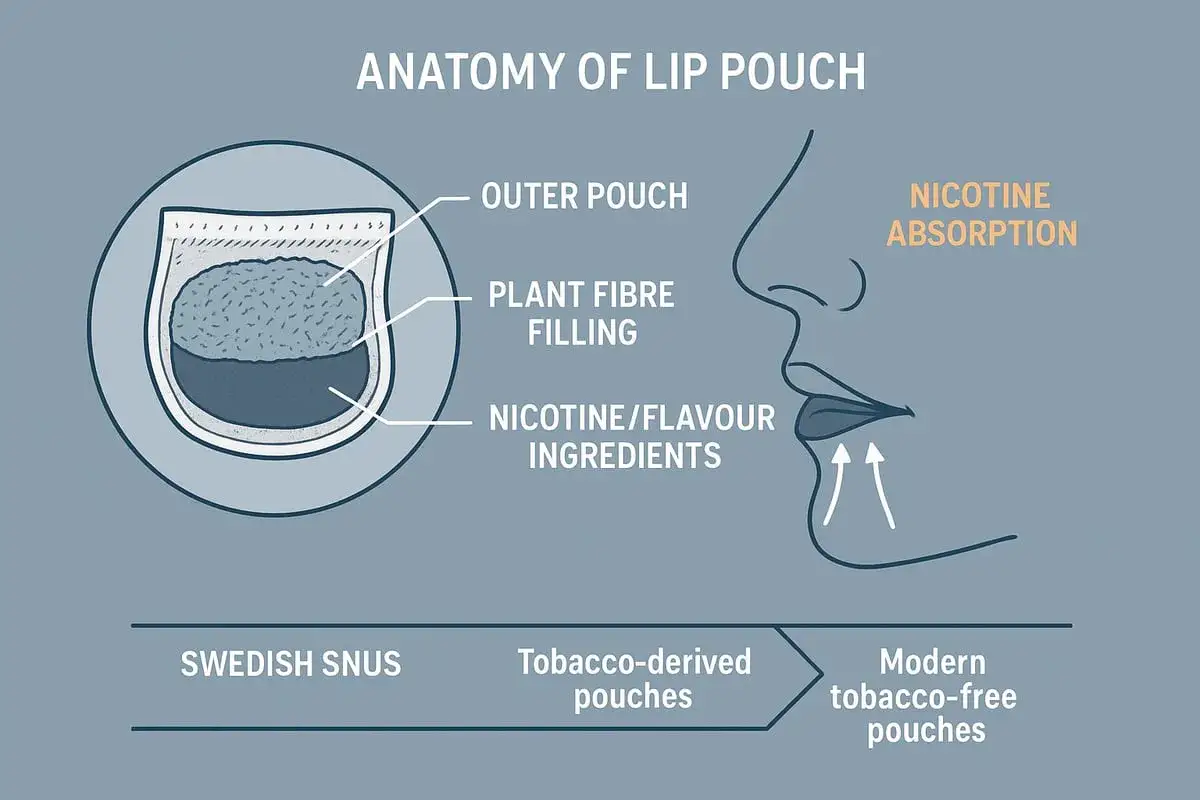 Anatomia saszetki: zewnętrzna warstwa, wypełnienie z włókien roślinnych i składniki nikotyny/smaku. Pokazuje absorpcję nikotyny w ustach.