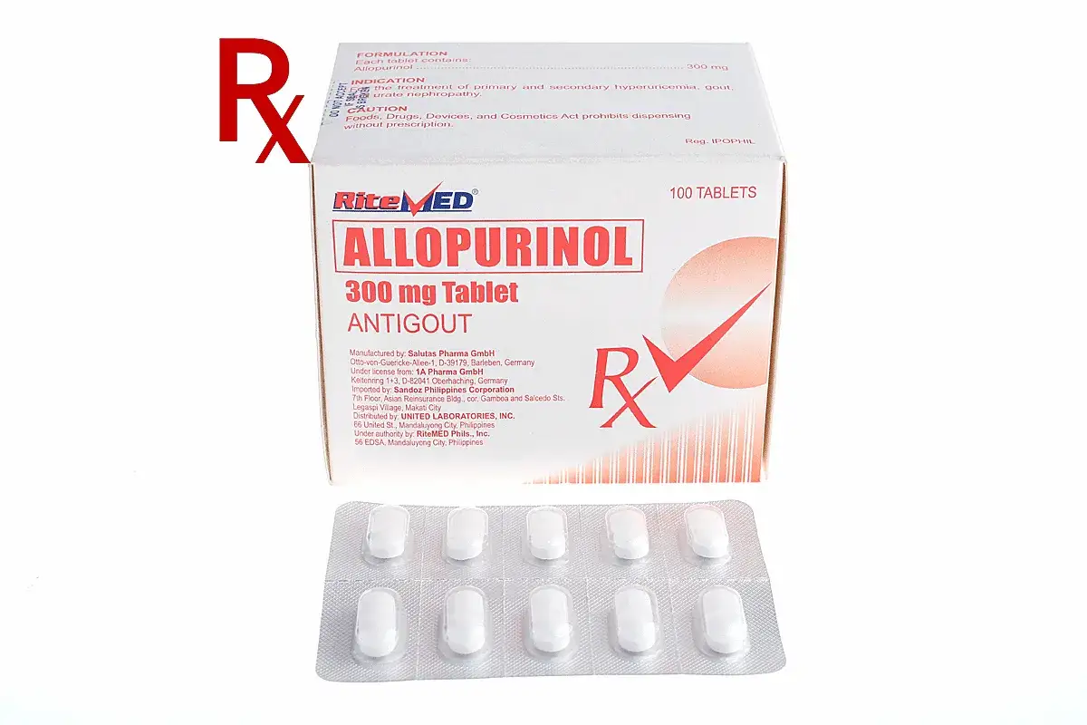 Allopurinol 300 mg, nowy lek na dnę moczanową, w opakowaniu i blistrze.
