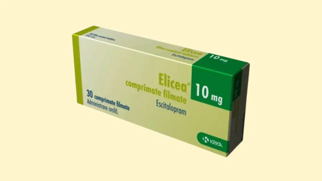 Opakowanie leku Elicea 10 mg, zawierające 30 tabletek powlekanych z escitalopramem. To lek na depresję.