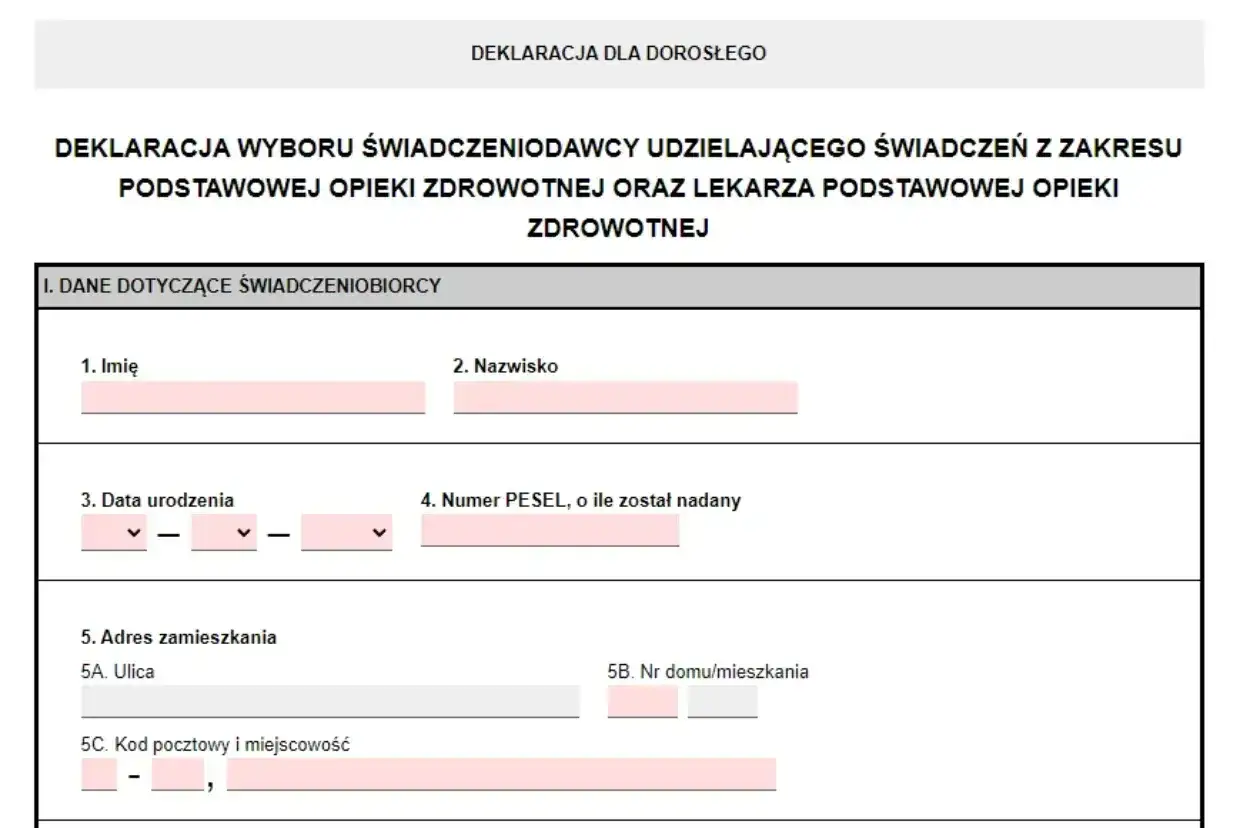 Formularz deklaracji wyboru lekarza rodzinnego. Wypełnij dane osobowe, adres i PESEL, aby zmienić lekarza.