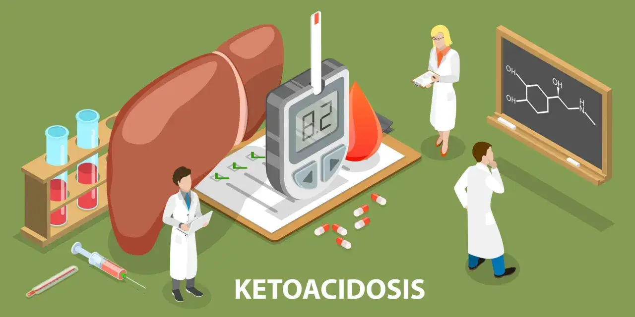 Lekarze analizują objawy kwasicy ketonowej: glukometr, wątroba, probówki, termometr, tabletki i wzory chemiczne.