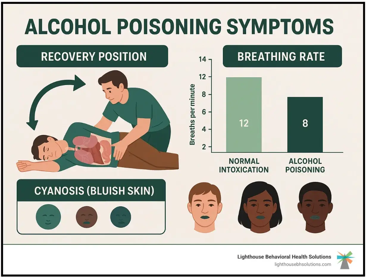 Objawy zatrucia alkoholem: pozycja boczna, spowolniony oddech (8/min vs 12/min) i sinica. Dawka śmiertelna alkoholu może prowadzić do takich objawów.