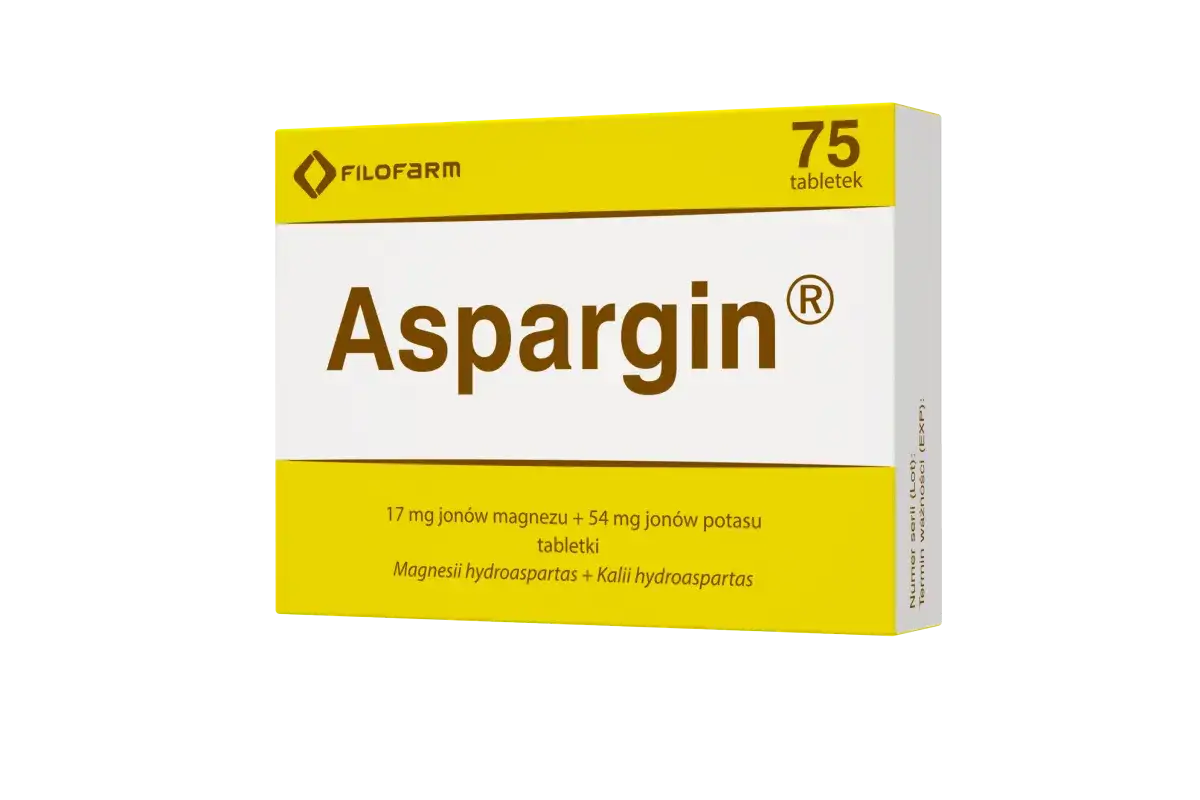 Opakowanie leku Aspargin, zawierające 75 tabletek z magnezem i potasem. Aspargin wycofany.