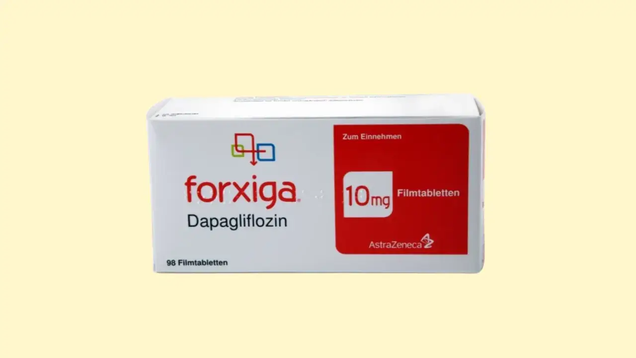 Opakowanie leku Forxiga z dapagliflozyną, 10 mg, 98 tabletek. To tabletki na cukrzycę.