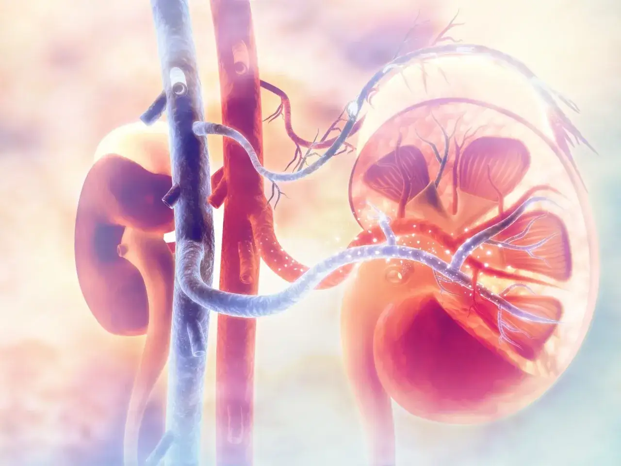 Anatomia nerki z naczyniami krwionośnymi, sugerująca proces dializy.