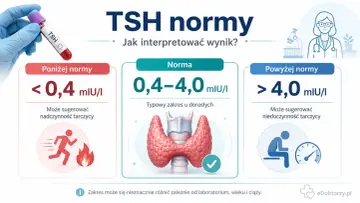 Wynik TSH poniżej normy (<0,4 mIU/I) może sugerować nadczynność tarczycy. Obok norma (0,4-4,0 mIU/I) i powyżej normy (>4,0 mIU/I) wskazujące na niedoczynność.