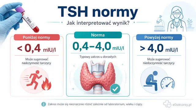 Wynik TSH poniżej normy (<0,4 mIU/I) może sugerować nadczynność tarczycy. Obok norma (0,4-4,0 mIU/I) i powyżej normy (>4,0 mIU/I) wskazujące na niedoczynność.